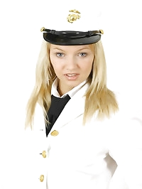 Sexy blonde Sam in pilots uniform with stockings
