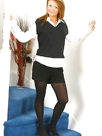 Liana Lace wearing her secretary uniform with dark pantyhose